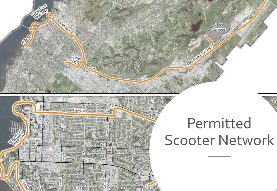 Map of allowed e-scooter routes in Kelowna. The devices are currently not allowed on city streets but that could change if a proposed pilot project moves forward.