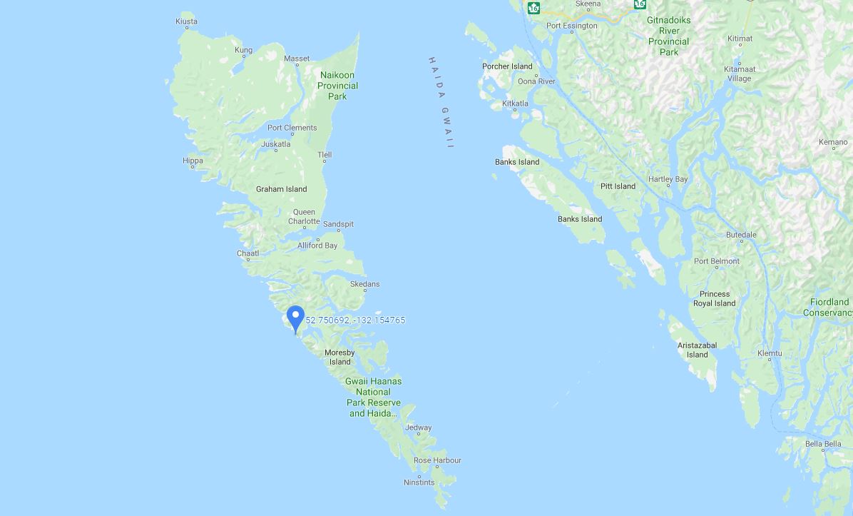 The location of a 4.6-magnitude earthquake off the coast of Haida Gwaii on Nov. 9, 2019.
