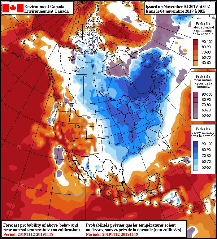 Forecast probability of above, below, and near normal temperatures for days 8-14 from Nov. 4, 2019.