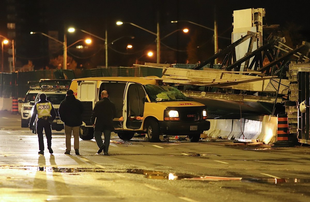Toronto police say a cargo van near Don Mills Road and Eglinton Avenue East hit debris knocked down by the wind early Friday.
