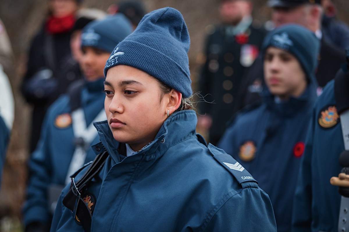 Sgt. Noor Youssef marches during Remembrance Day to honour Canadian war veterans on Nov. 11, 2019.