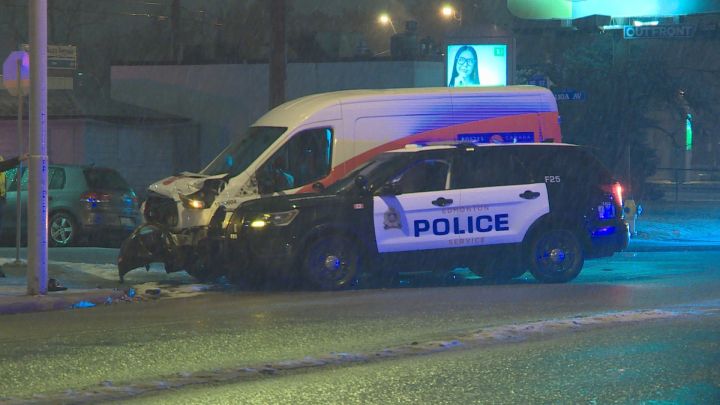 A crash at the intersection of 110A Avenue and 95 Street in Edmonton on Tuesday sent a postal worker and two police officers to hospital with minor injuries.