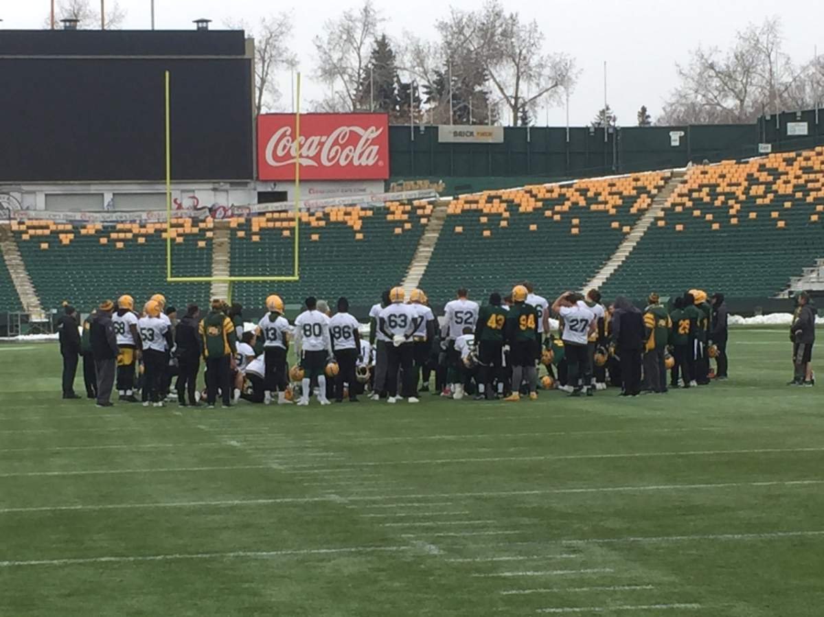 The Edmonton Eskimos gather following the final practice on The Brick Field at Commonwealth Stadium on November 14, 2019.