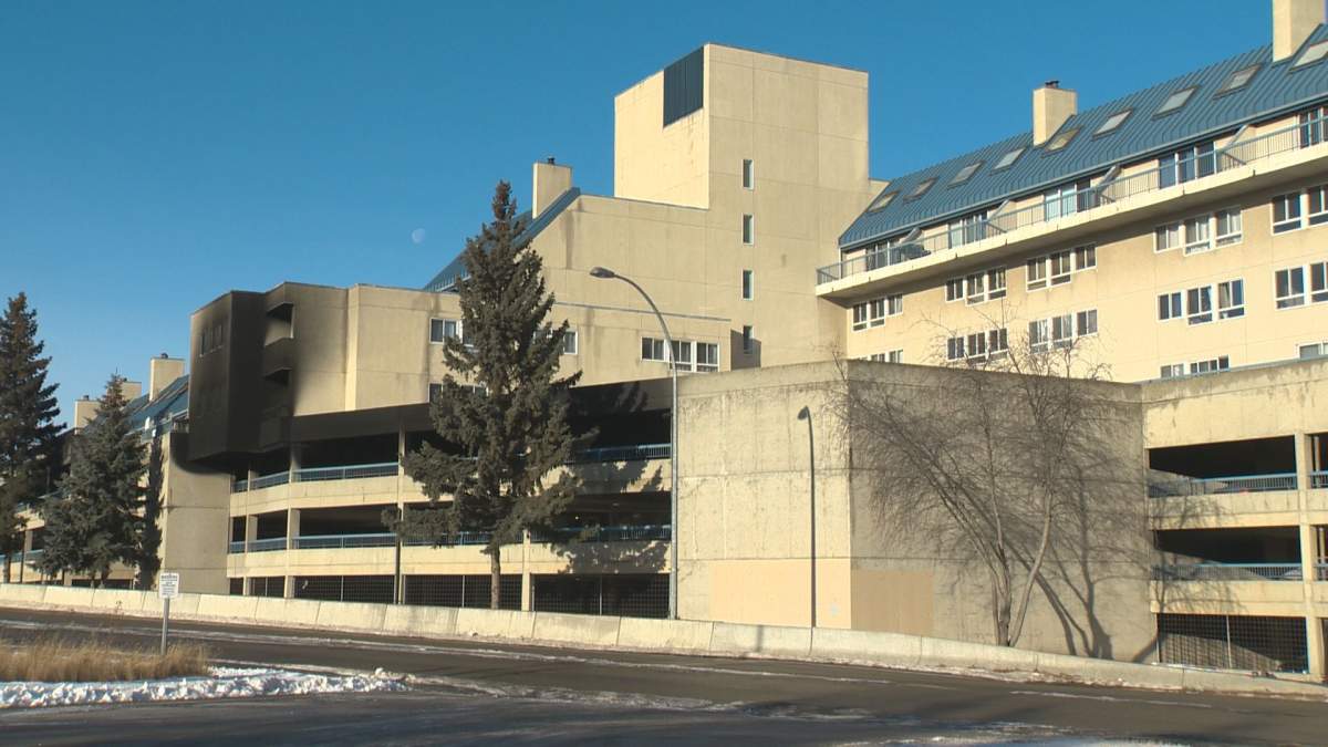 Black scorch marks were visible on the side of the parkade structure on Saturday.