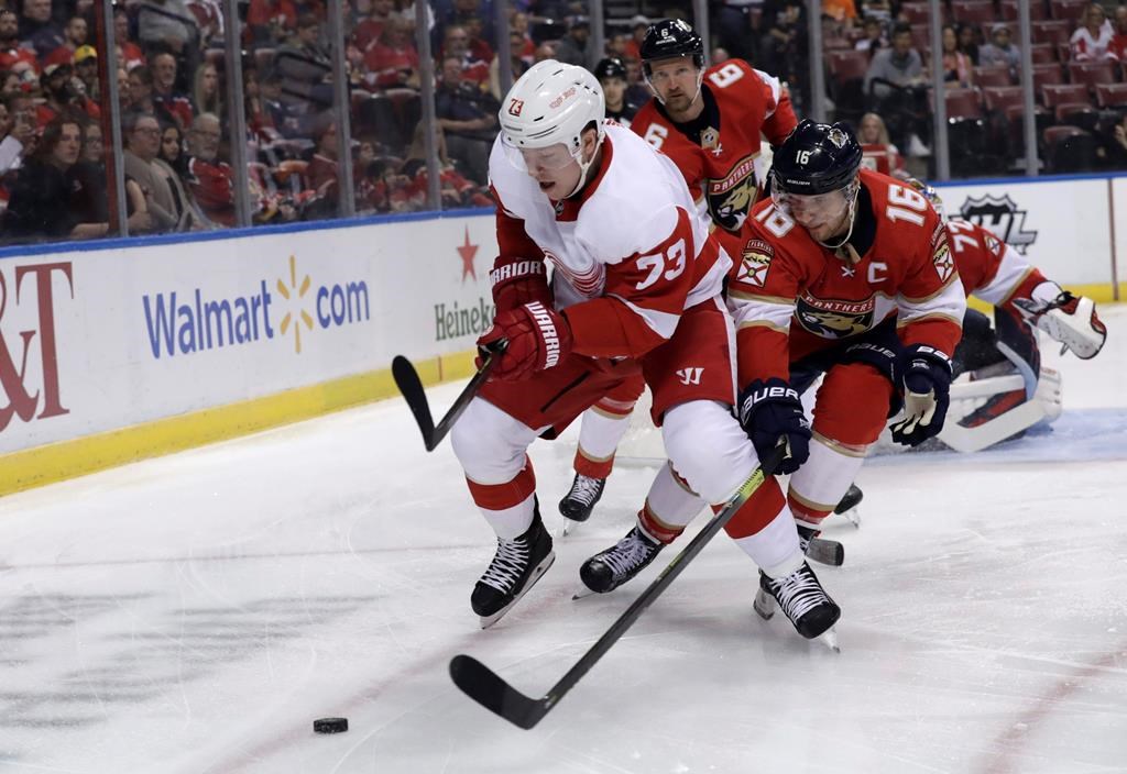 Detroit Red Wings left wing Adam Erne (73) and Florida Panthers center Aleksander Barkov (16) go for the puck during the first period of an NHL hockey game Saturday, Nov. 2, 2019, in Sunrise, Fla. (AP Photo/Lynne Sladky)