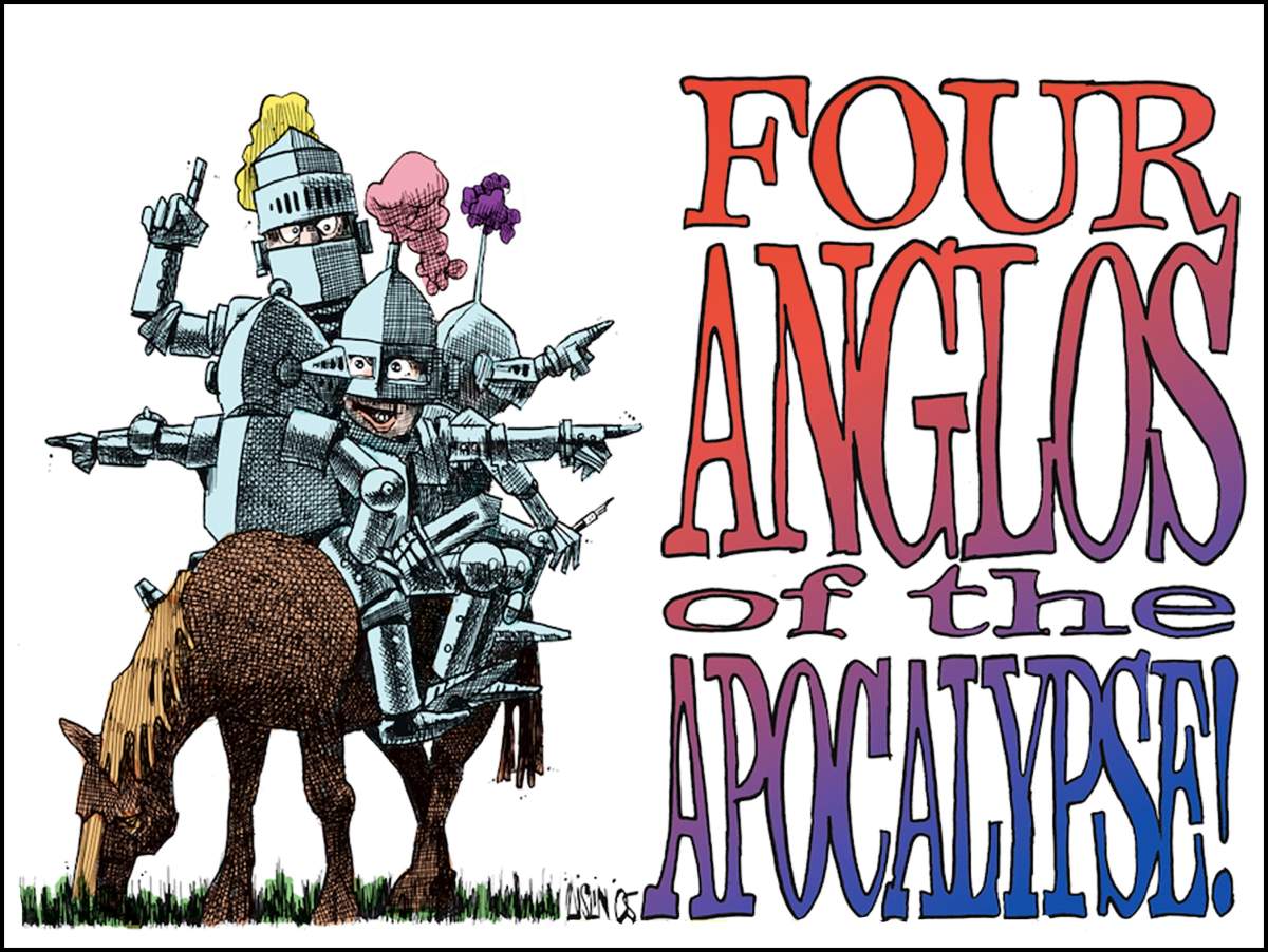 Drawing by Montreal Gazette Editorial Cartoonist about the Four Anglos of the Apocalypse play. (Courtesy Terry Mosher)