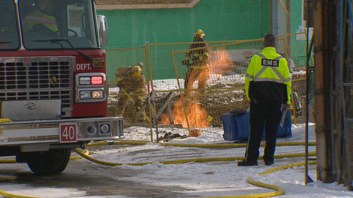 Calgary firefighters on the scene of a gas line fire in Calgary, .