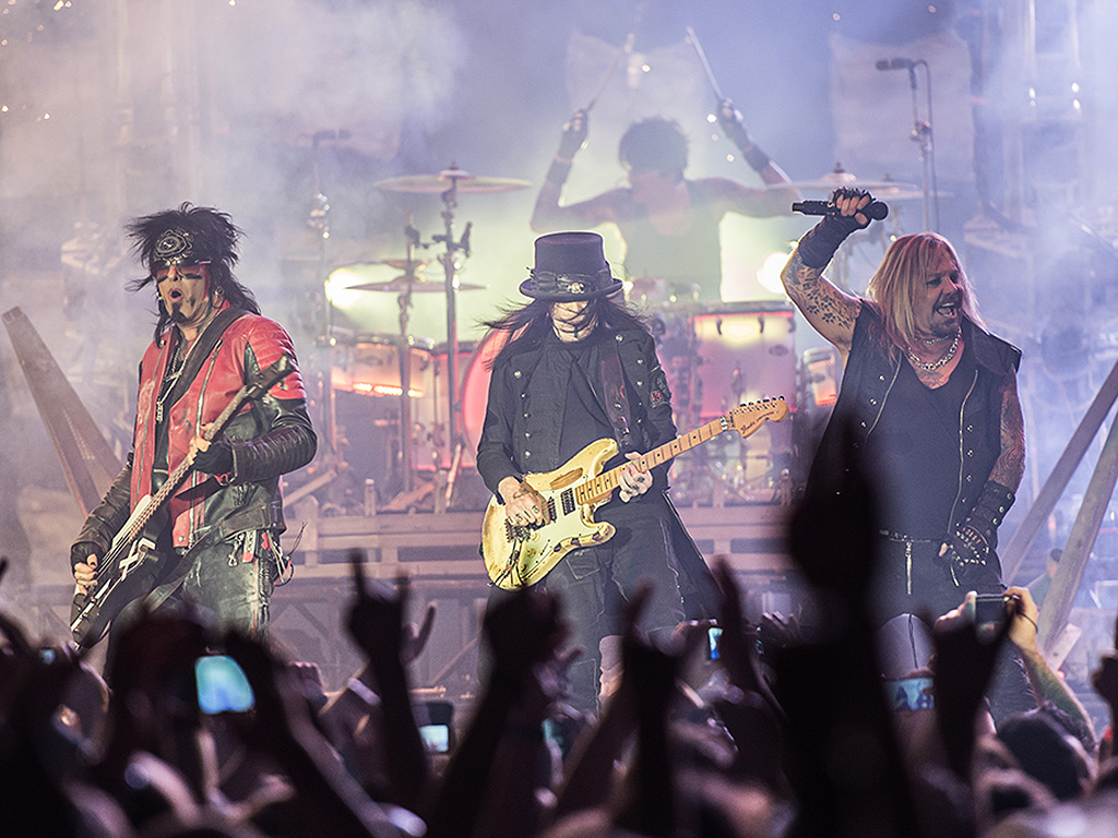 Mötley Crüe, performs at the opening of the last concerts in Germany on the band's farewell tour 'The Final Tour' in the Hans Martin Schleyer Hall in Stuttgart, Germany, Nov. 8, 2015. In the front stand (L-R) Nikki Sixx, Mick Mars und Vince Neil.