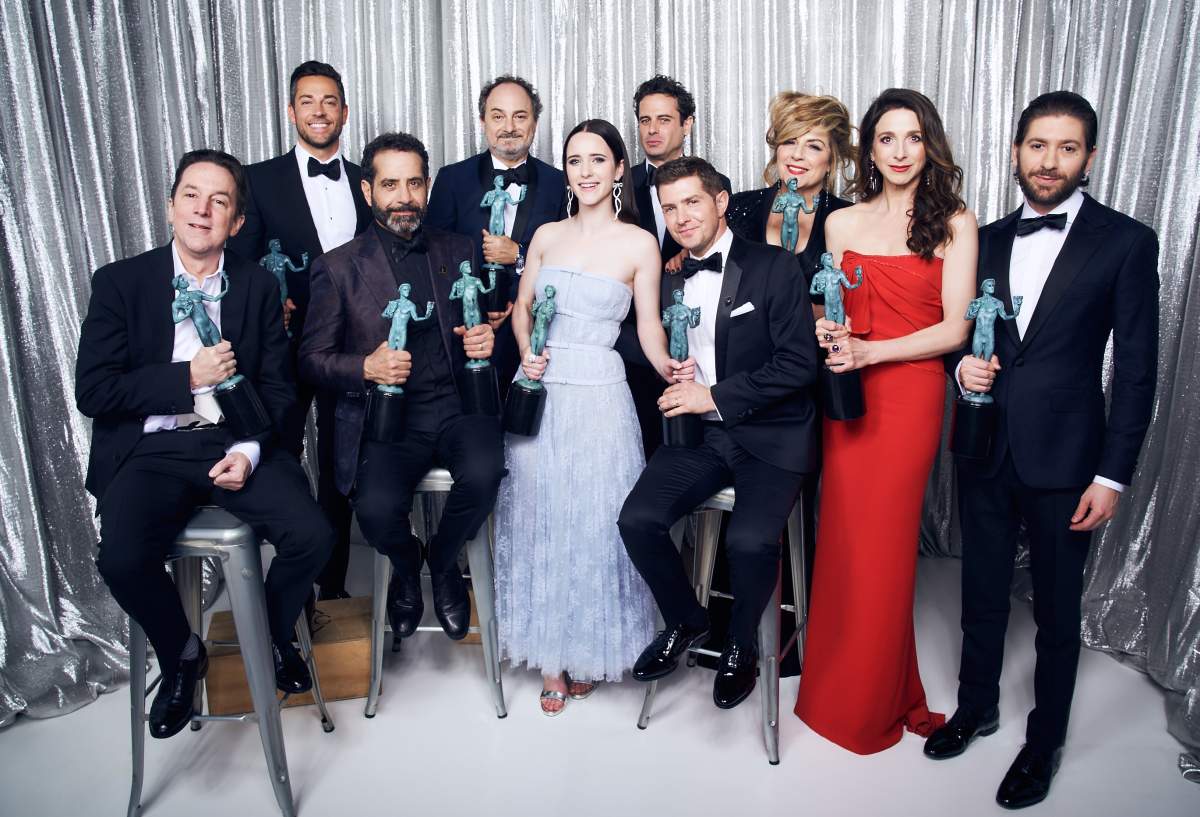 Joel Johnstone, Caroline Aaron, Michael Zegen, Marin Hinkle, Kevin Pollak, Rachel Brosnahan, Luke Kirby, Brian Tarantina, Tony Shalhoub, and Zachary Levi, winner of Outstanding Performance by an Ensemble in a Comedy Series for ‘The Marvelous Mrs. Maisel,’ pose in the Winner’s Gallery during the 25th Annual Screen Actors Guild Awards at The Shrine Auditorium on January 27, 2019 in Los Angeles, Calif. (Photo by Terence Patrick/Getty Images for Turner)