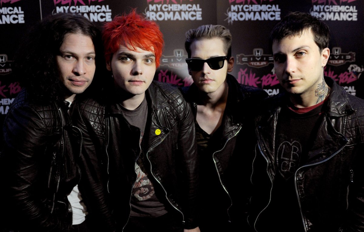 (L-R) Musicians Ray Toro, Gerard Way, Mikey Way and Frank Iero of My Chemical Romance pose at a press party on May 23, 2011 in West Hollywood, Calif.