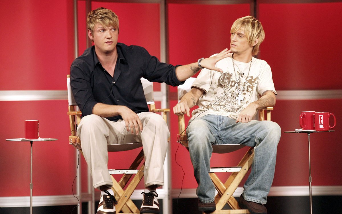 (L-R) Nick Carter and Aaron Carter speak during the 2006 Summer Television Critics Association press tour for the E Entertainment Network at the Ritz Carlton Hotel on July 11, 2006 in Pasadena, Calif.