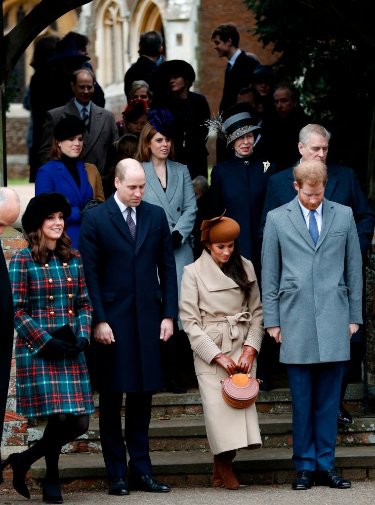 Prince Harry, Meghan Markle, Kate Middleton and Prince William curtsey and bow as they see off Queen Elizabeth II after the Royal Family’s traditional Christmas Day church service at St. Mary Magdalene Church in Sandringham on Dec. 25, 2017.