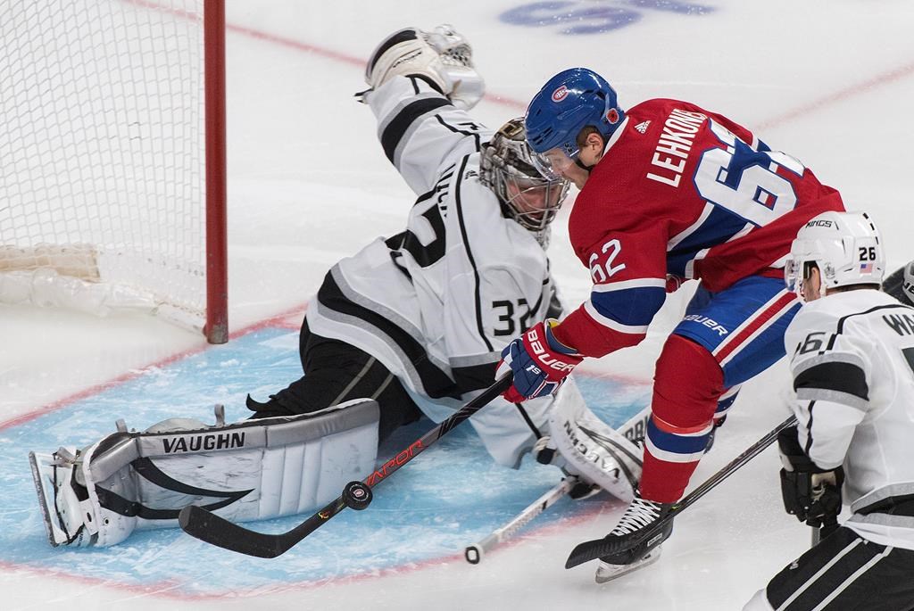 Montreal Canadiens' Artturi Lehkonen moves in on Los Angeles Kings goaltender Jonathan Quick during third period NHL hockey action in Montreal, Saturday, November 9, 2019.