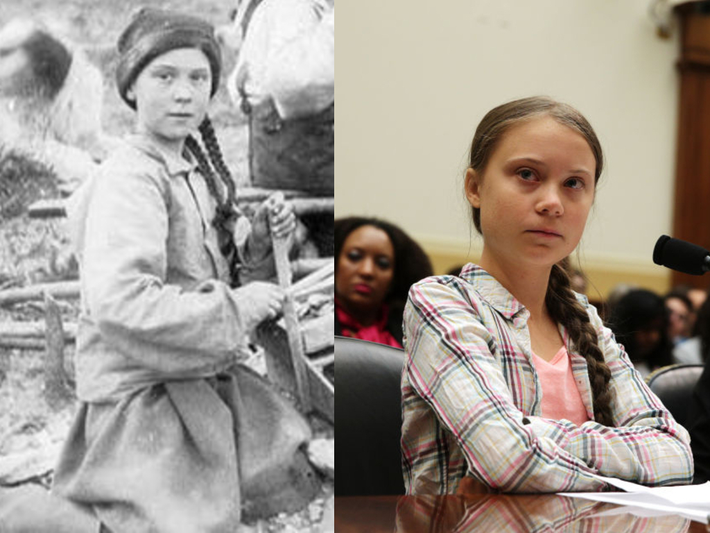 A side-by-side photo shows the incredible likeness between activist Greta Thunberg and an unknown girl from the late 1800s.