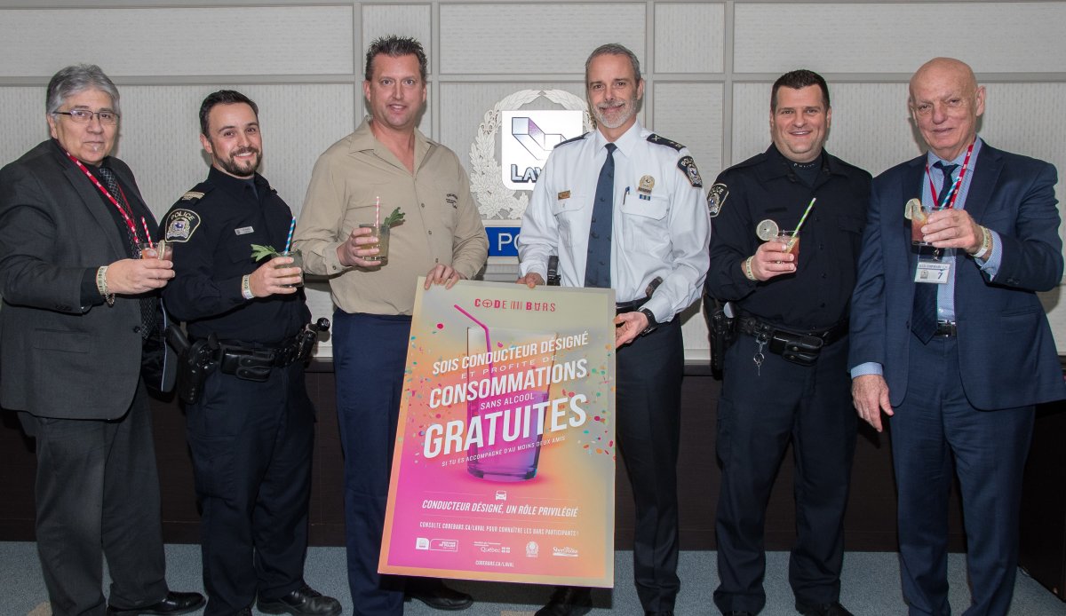 Laval police, in collaboration with the SAAQ, Sherbrooke police and local bar owners launch CoDeBar iniative to encourage bar patrons to celebrate responsibly. Wednesday, Nov. 20, 2019.