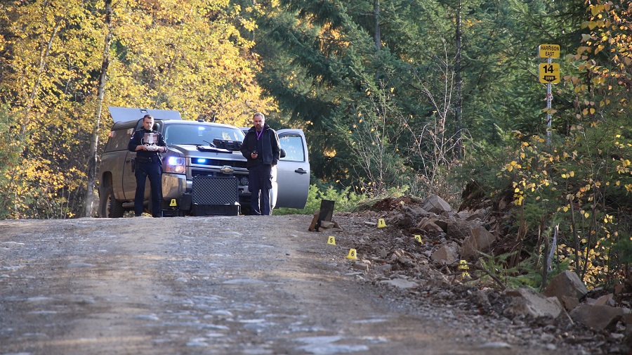 Investigators comb over a logging road near Agassiz, B.C., where a vehicle left the road and plunged down an embankment into Harrison Lake. The vehicle was found on Nov. 3, 2019.
