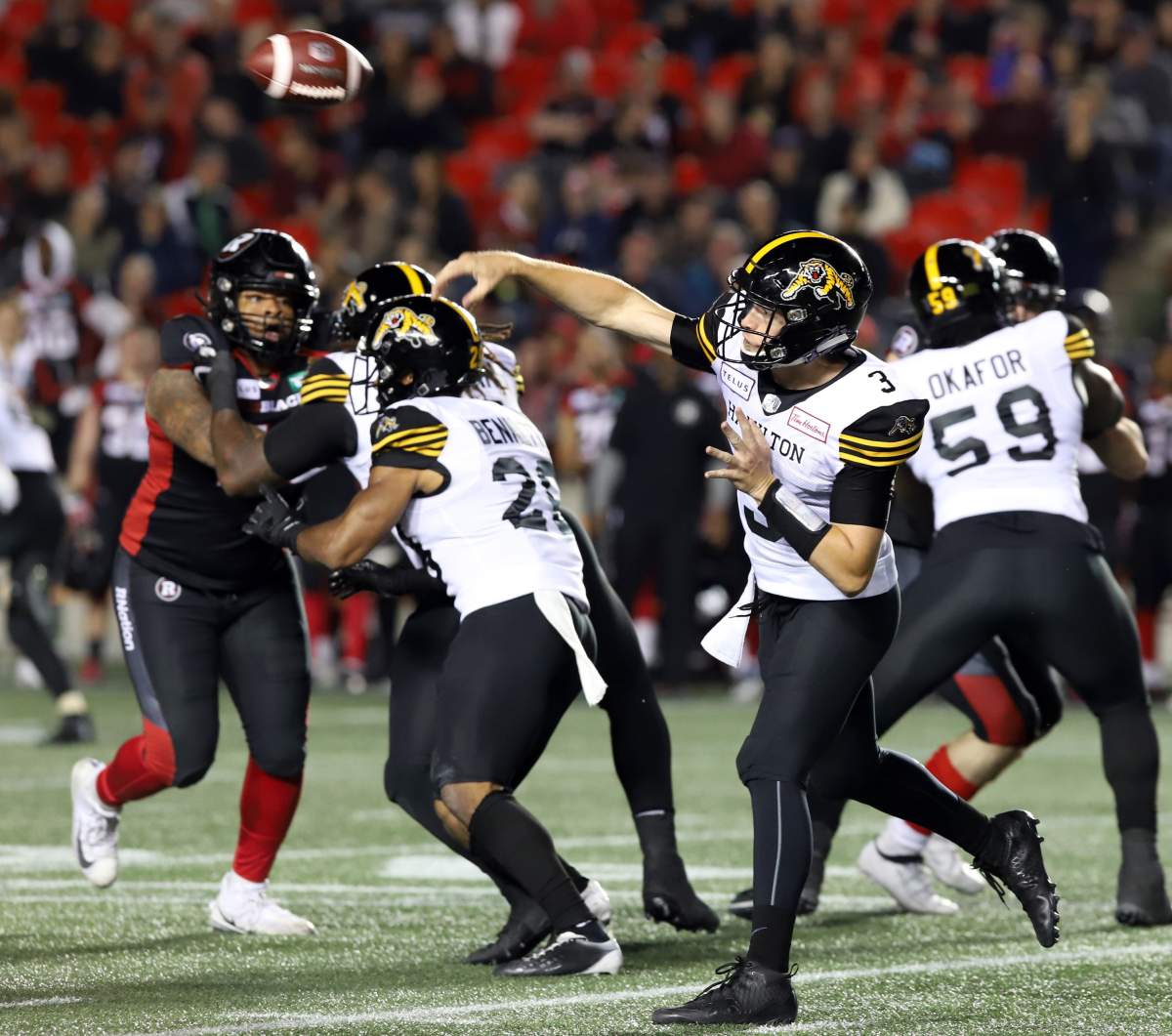 Hamilton Tiger-Cats quarterback Hayden Moore (3) throws against the Ottawa Redblacks in Ottawa Saturday, June 1, 2019.