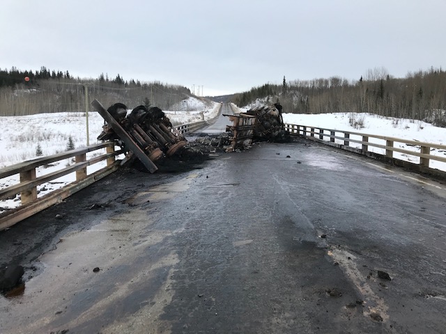 The remains of a tanker truck that crashed and caught fire east of Dawson Creek, B.C. on Nov. 16, 2019.