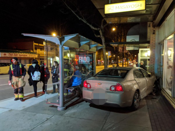 A hit-and-run in Vancouver Wednesday night sent a car careening towards a bus shelter. Fortunately, no one was hurt.