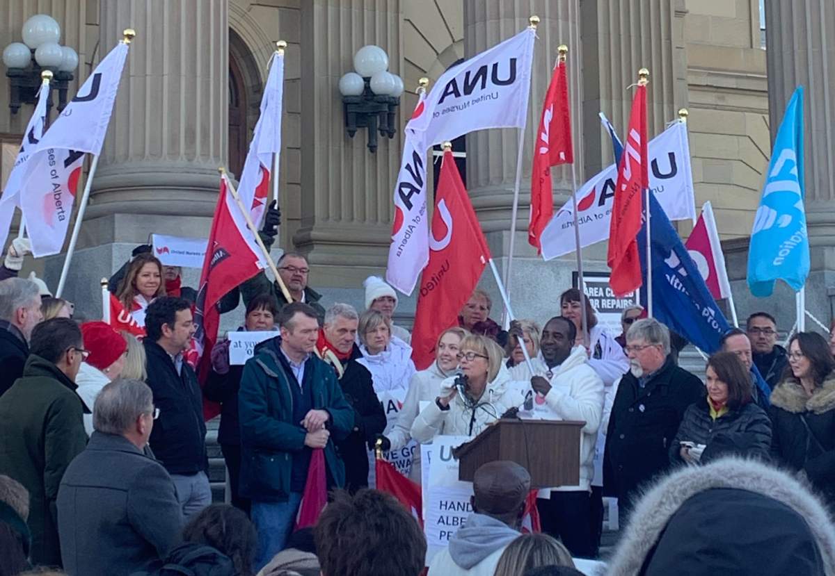 United Nurses of Alberta rally in protest to the provincial government's policies on bargaining rights, wage rollbacks, pensions and health-care funding cuts at the Legislature in Edmonton on Wednesday, November 20, 2019.