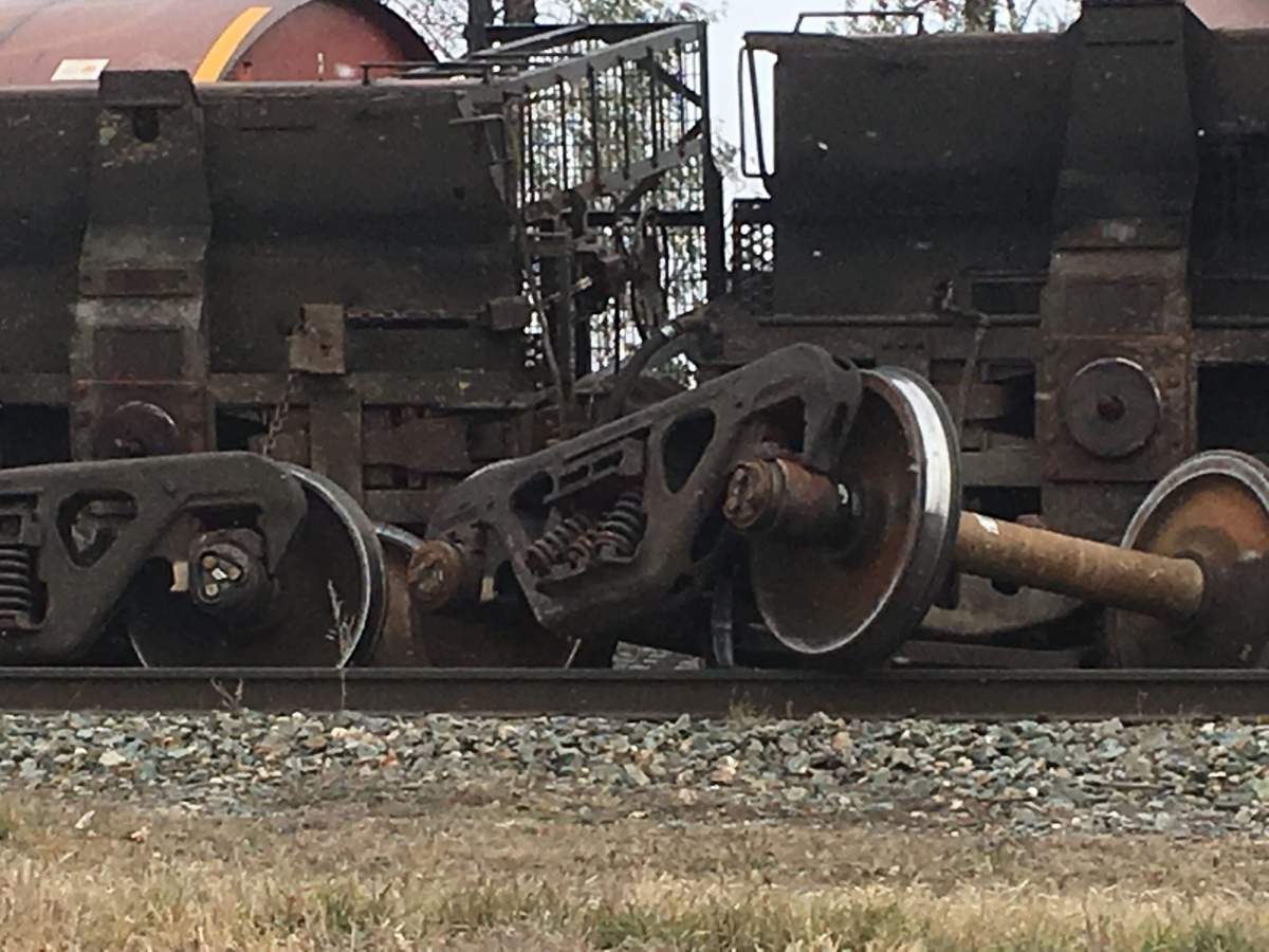 A rail car off the tracks near Lagimodiere Boulevard Friday afternoon.
