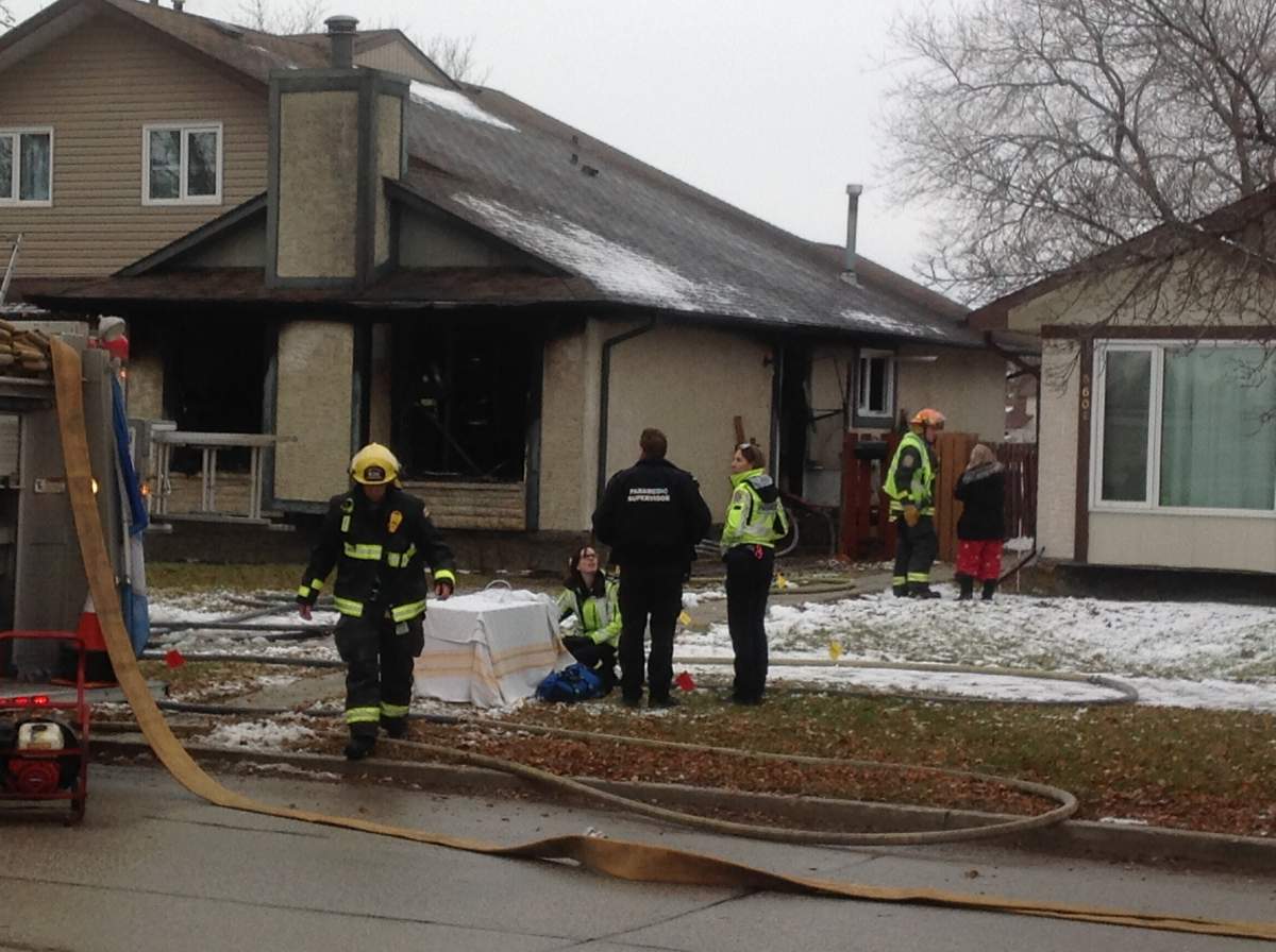 A fire at a home in Transcona sent two people to hospital and claimed the life of a cat Sunday afternoon.