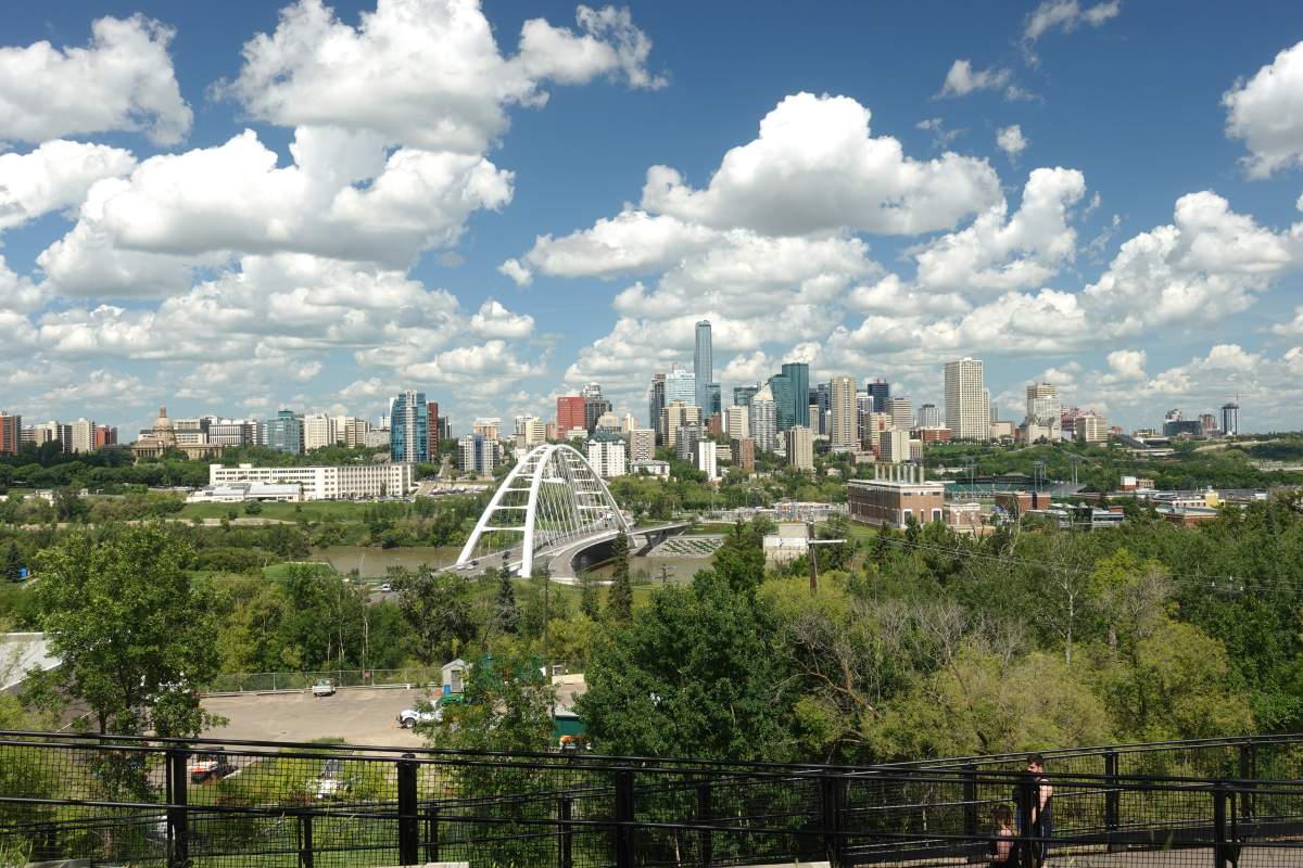 Looking across the North Saskatchewan River at downtown Edmonton, Alta. Summer 2019. 
