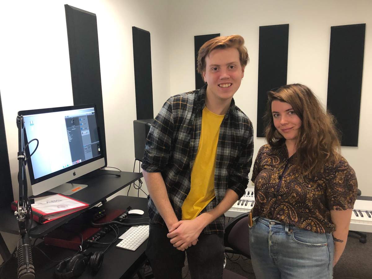 London musicians Addison Johnson, left, and Taylor Holden pose inside The Labs inside the London Public Library’s Central Branch on Dundas Street.