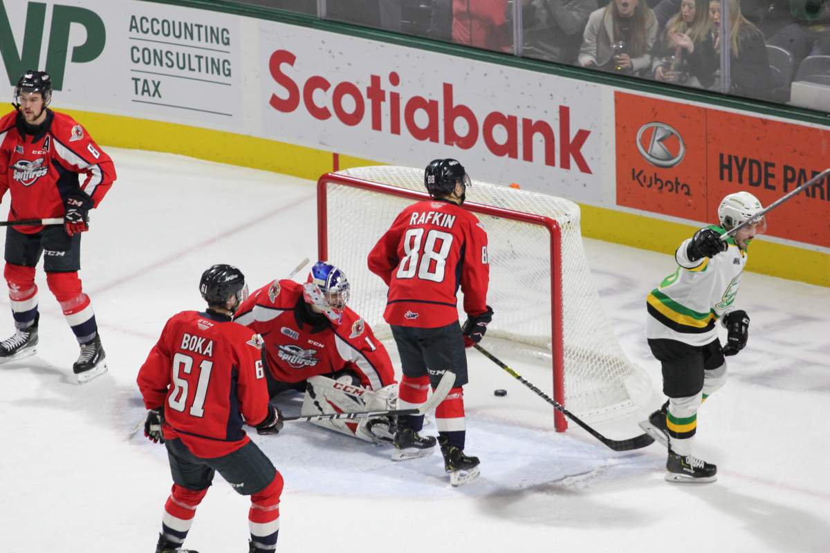 London, Ont., Liam Foudy of the London Knights celebrates a goal in a 6-3 London victory over the Windsor Spitfires on November 29, 2019.