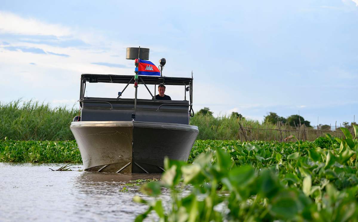 Jeremy Clarkson of ‘The Grand Tour’ drives a PBR boat on the Mekong River, in Vietnam, 2019.