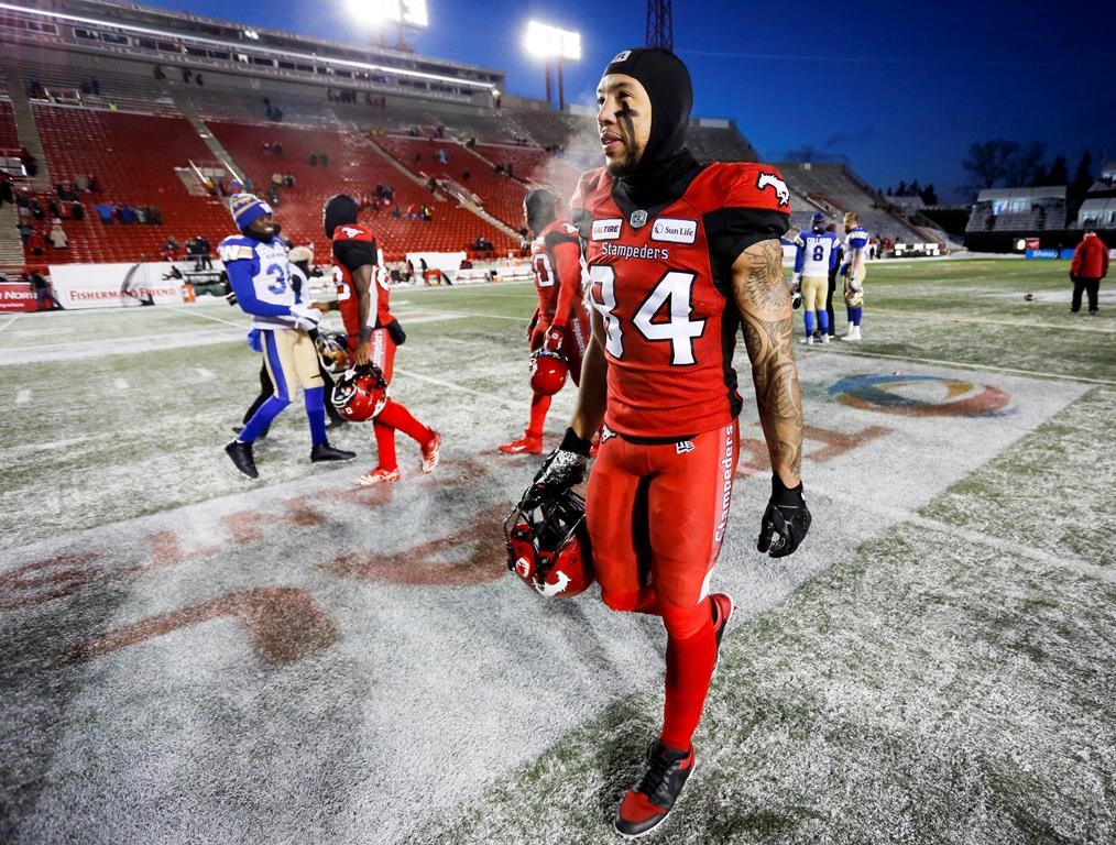 Calgary Stampeders' Reggie Begelton leaves the field following their loss to the Winnipeg Blue Bombers in the CFL West Semifinal in Calgary, Sunday, Nov. 10, 2019. THE CANADIAN PRESS/Jeff McIntosh.