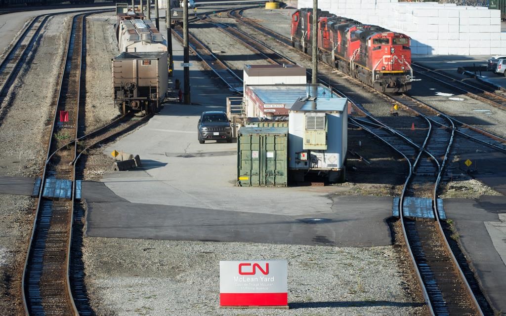 A quiet McLean Rail Yard is pictured in North Vancouver, Nov. 20, 2019 as CN rail workers strike outside the gates.