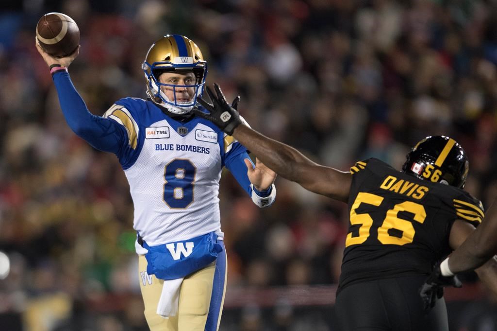 Hamilton Tiger-Cats' Ja'Gared Davis tries to stop Winnipeg Blue Bombers quarterback Zach Collaros from throwing the ball during the second half of the 107th Grey Cup in Calgary, Alta., Sunday, November 24, 2019.