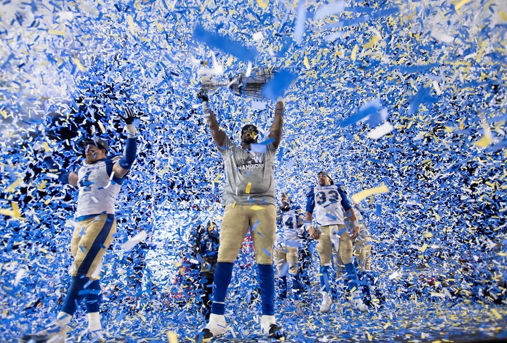 The Winnipeg Blue Bombers celebrate winning the 107th Grey Cup against the Hamilton Tiger Cats in Calgary, Alta., Sunday, November 24, 2019. THE CANADIAN PRESS/Nathan Denette.