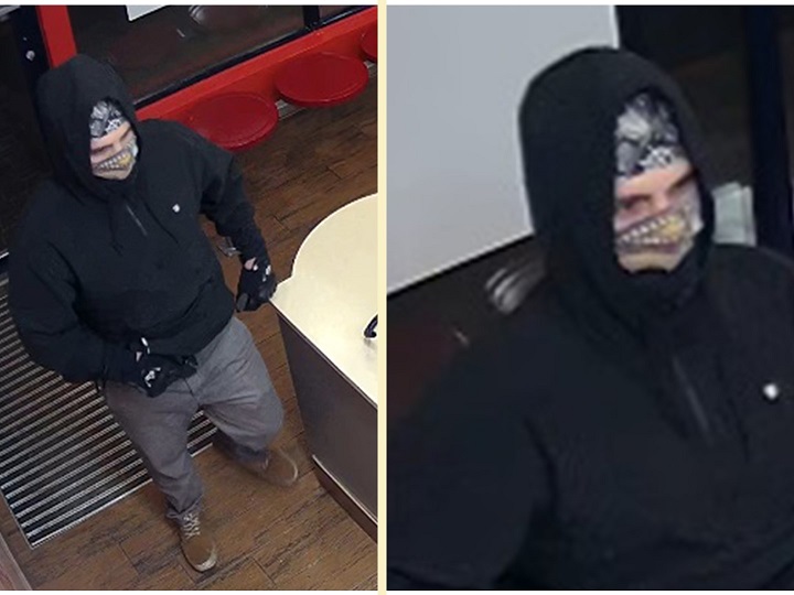 Side-by-side photos of the alleged robbery suspect via surveillance video.