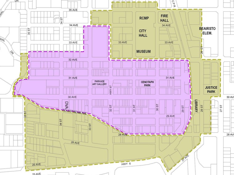 Vernon’s cap on the number of downtown cannabis stores will only apply to the primary business improvement area, seen here in pink, not the secondary area, coloured yellow on this map.