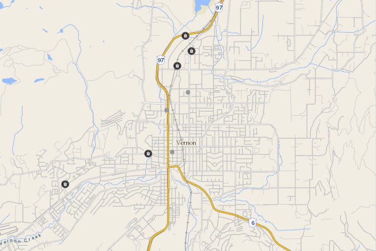 The location of Vernon cannabis shops that have received a provincial license to operate as of November 26, 2019. Some are not yet open.