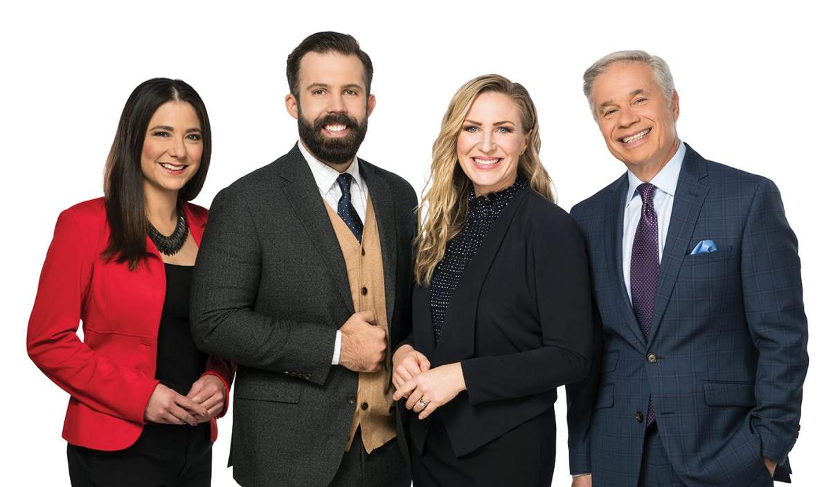 Global News Morning Edmonton team: traffic reporter Daintre Christensen, anchors Kent Morrison and Erin Chalmers, and weather specialist Mike Sobel. 