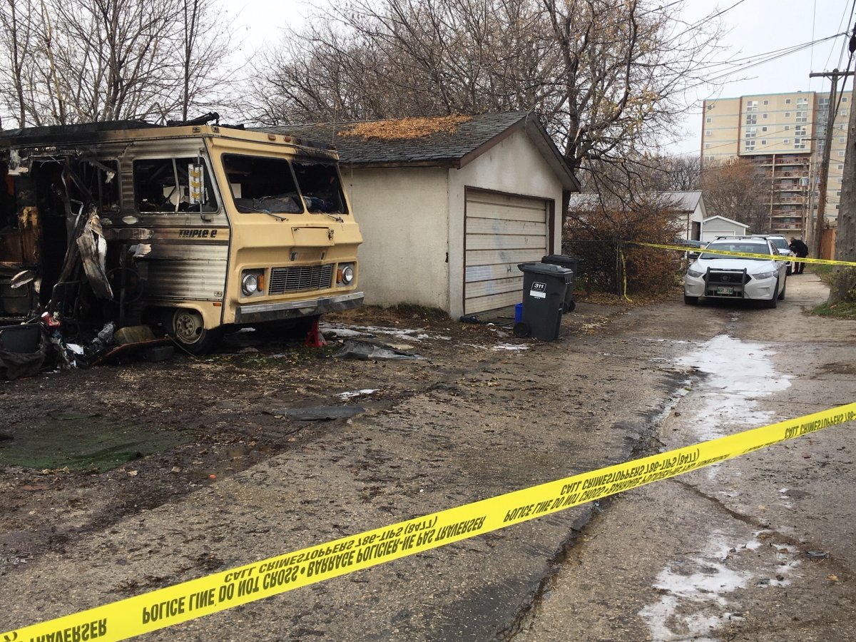 A gutted motor home at the scene of a propane tank explosion in Elmwood Sunday morning. 