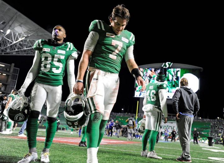Saskatchewan Roughriders quarterback Cody Fajardo leaves the field after losing to the Winnipeg Blue Bombers in the CFL West Division final at Mosaic Stadium in Regina on Sunday, Nov. 17, 2019.