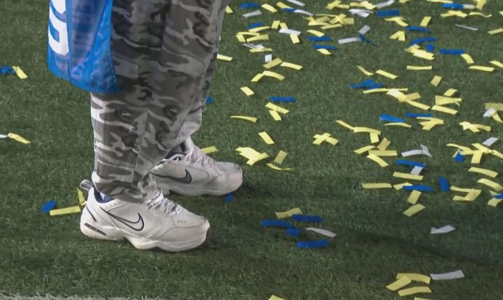 Winnipeg Blue Bombers fan Chris Matthew put on pants for the first time in 18 years after his team won the Grey Cup on Nov. 24, 2019, making good on the promise he made.