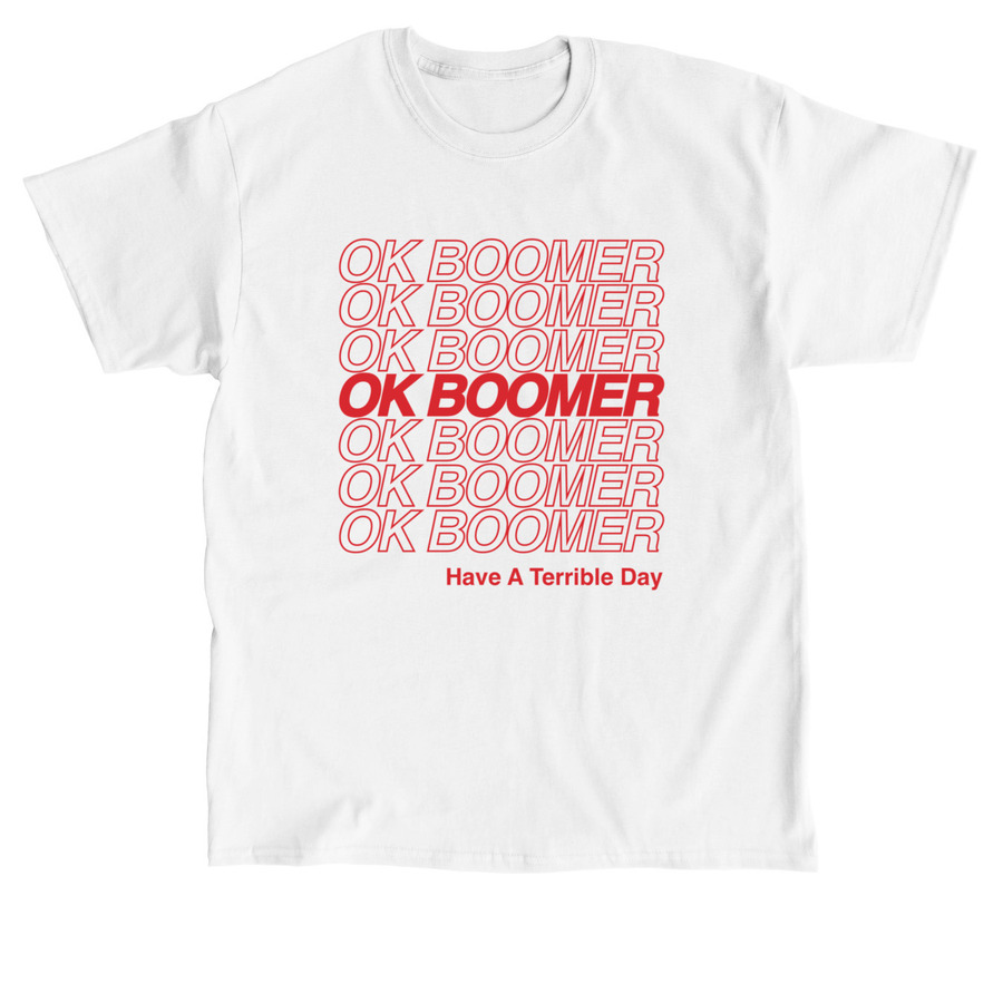 An “OK boomer” shirt is shown on the website Bonfire.