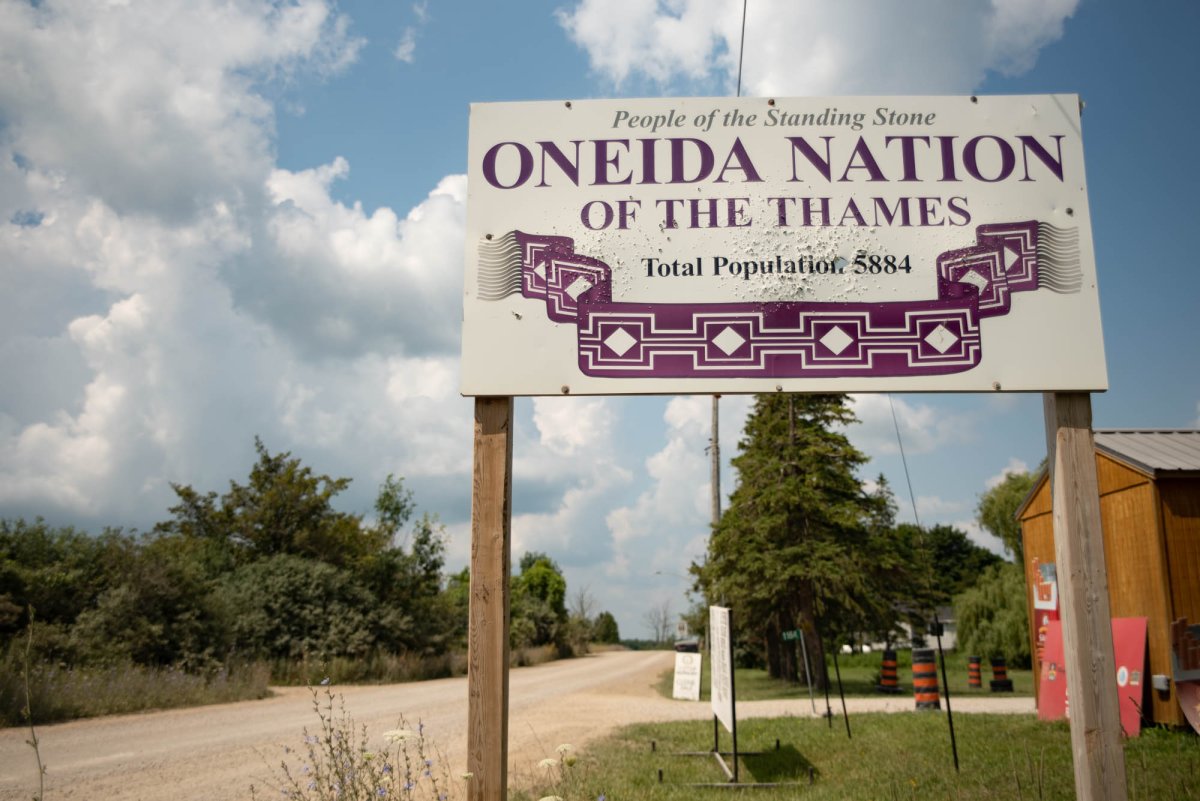 A sign on the perimeter of Oneida Nation of the Thames in Ontario on July 26, 2019.