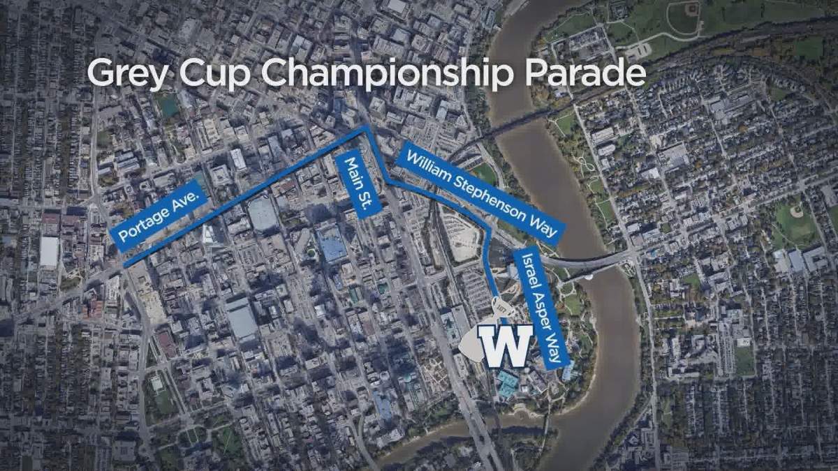 Expected route for the Grey Cup Championship Parade on Tuesday.