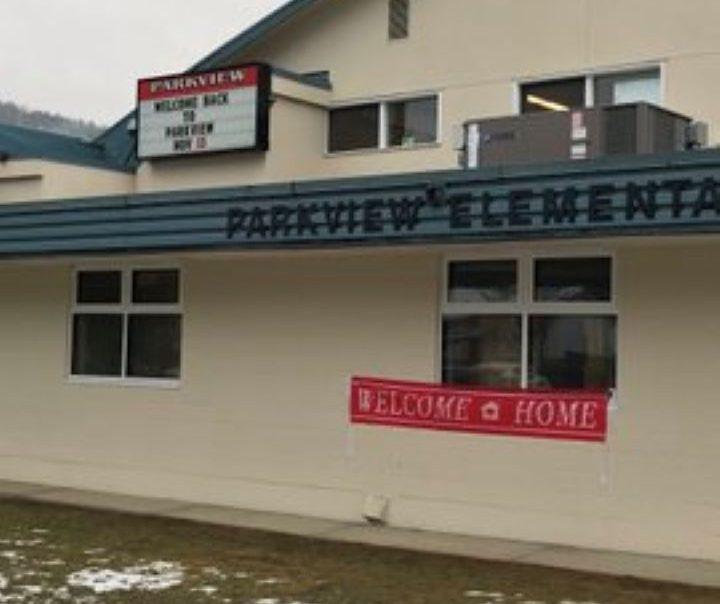 A “welcome home” banner greats students heading back to class at Parkview Elementary School in Sicamous.