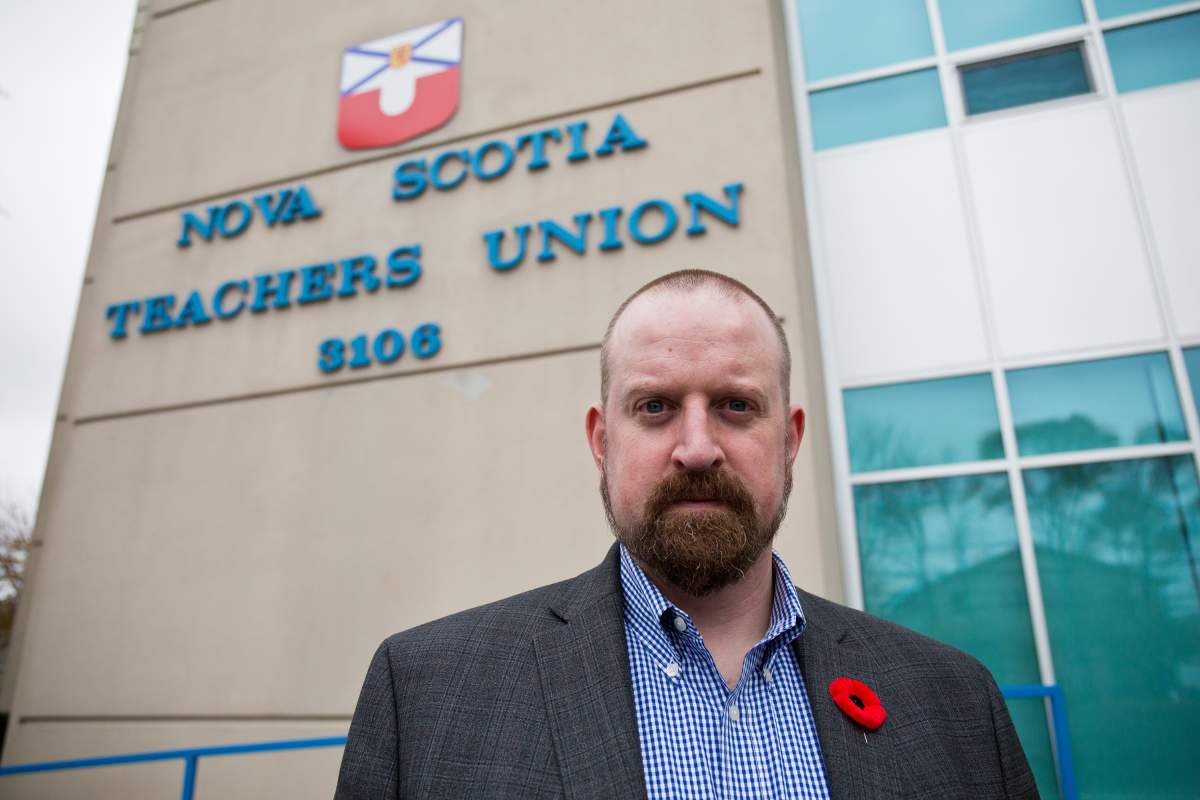 Nova Scotia Teachers Union president Paul Wozney poses for a photo outside of the union’s headquarters in Halifax on Wednesday, Oct. 30, 2019.