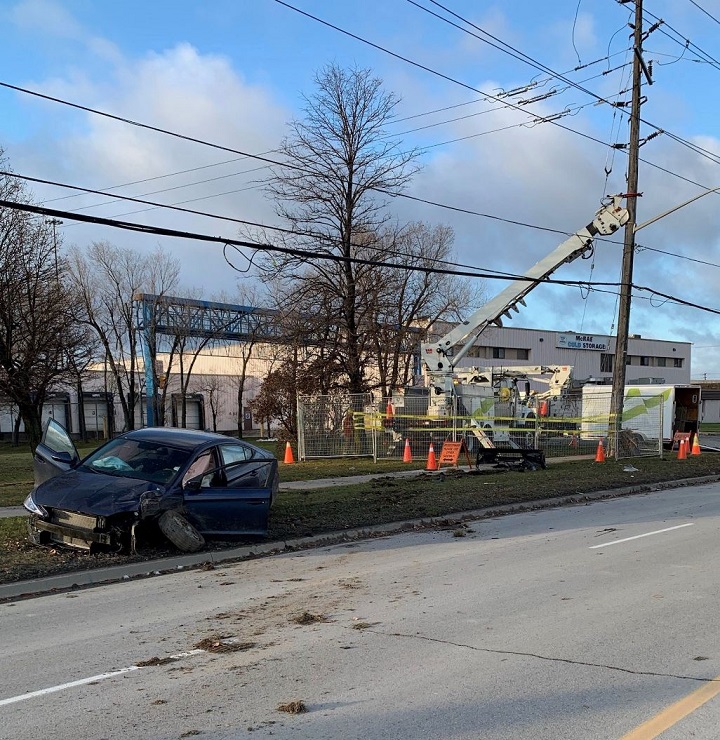 A photo from the scene where a vehicle crashed into a hydro pole in Brampton.