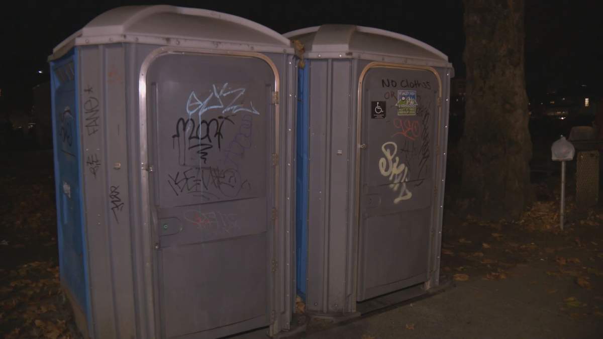 Port-a-potties seen in Vancouver's Oppenheimer Park.