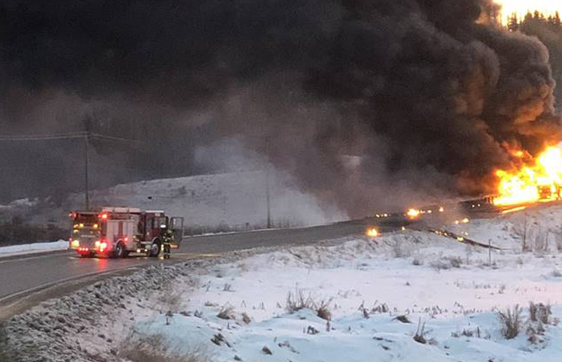 Firefighters on the scene of a tanker truck crash east of Dawson Creek, B.C., on Nov. 16, 2019.