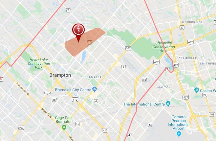 A map of the power outage affecting residents in Brampton as of 7:30 a.m. Monday, Nov. 18.